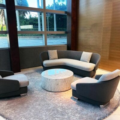 gray lobby rugs by Jamie Stern