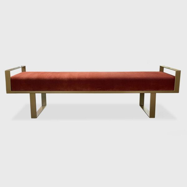 The Aliya Bench features a tight seat, metal base and can be upholstered in any Jamie Stern Leather, Fabric or COM. Available in custom sizes.