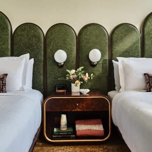 Jamie Stern's distressed Triple Crown pasture leather upholstering headboards in the Crawford Hotel's guest rooms