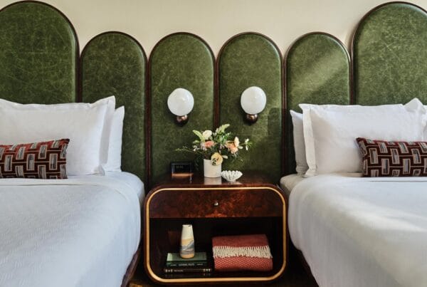 Jamie Stern's distressed Triple Crown pasture leather upholstering headboards in the Crawford Hotel's guest rooms