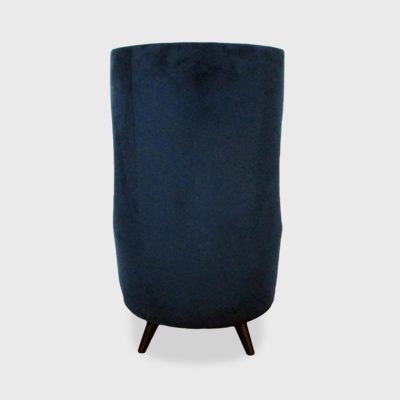 tall wingback chair in blue velvet by Jamie Stern