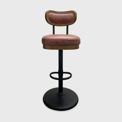 The Lennox Barstool from Jamie Stern features a finished wood frame, tight upholstered seat with a memory swivel and metal base.