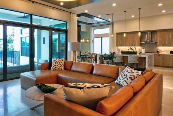 Brown leather sectional in Delray Beach living room