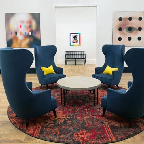 The Grayson velvet wingback chairs by Jamie Stern